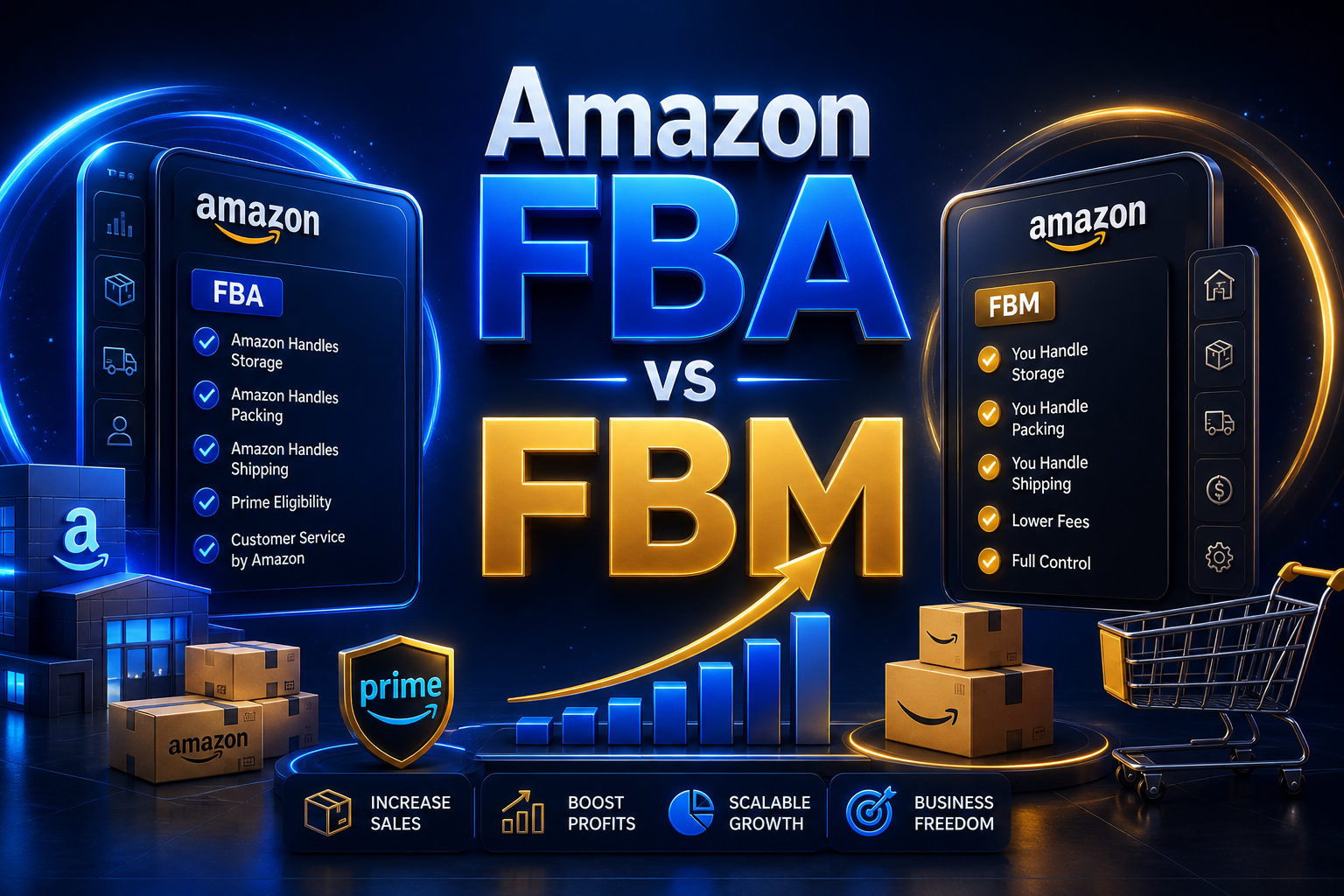 Amazon FBS vs FBM comparison with 3D ecommerce dashboard