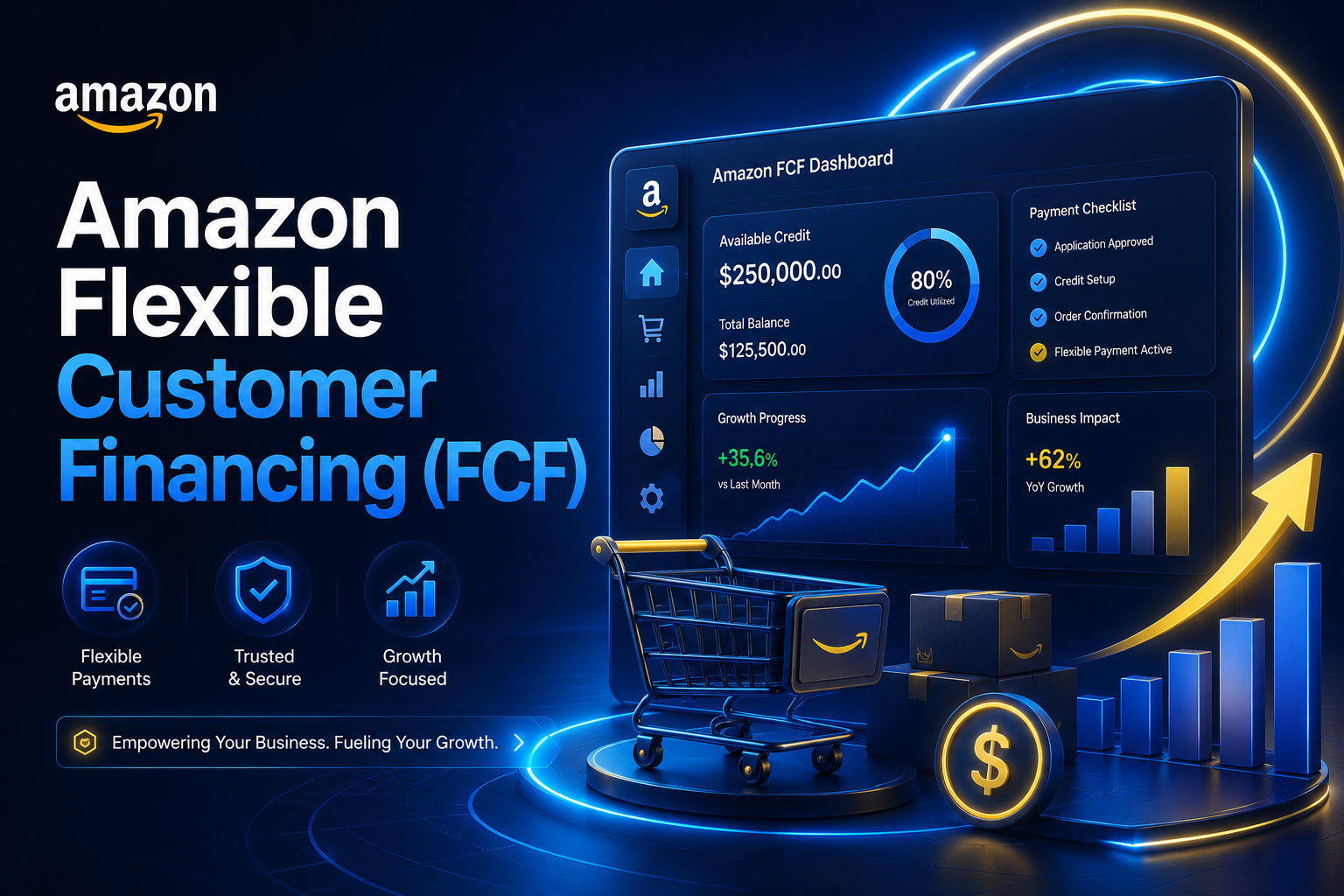 Futuristic banner for Amazon Flexible Customer Financing (FCF) with neon blue dashboard, ecommerce UI, and growth charts.